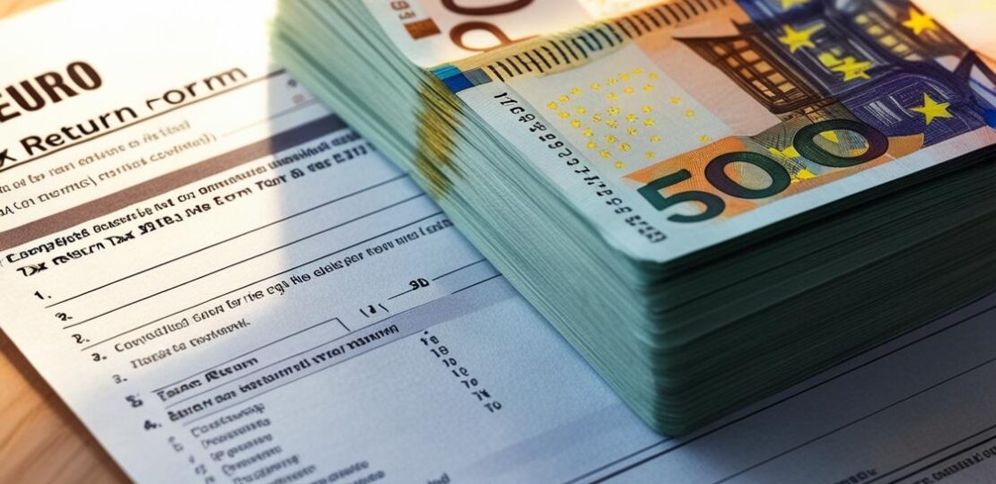 erstelle eine Darstellung von einer Steuererklärung und Euroscheinen daneben
