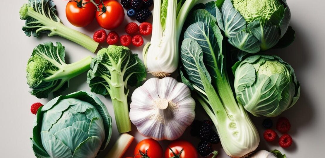 eine Darstellung von kreuzblütern, Beeren Knoblauch und Tomaten