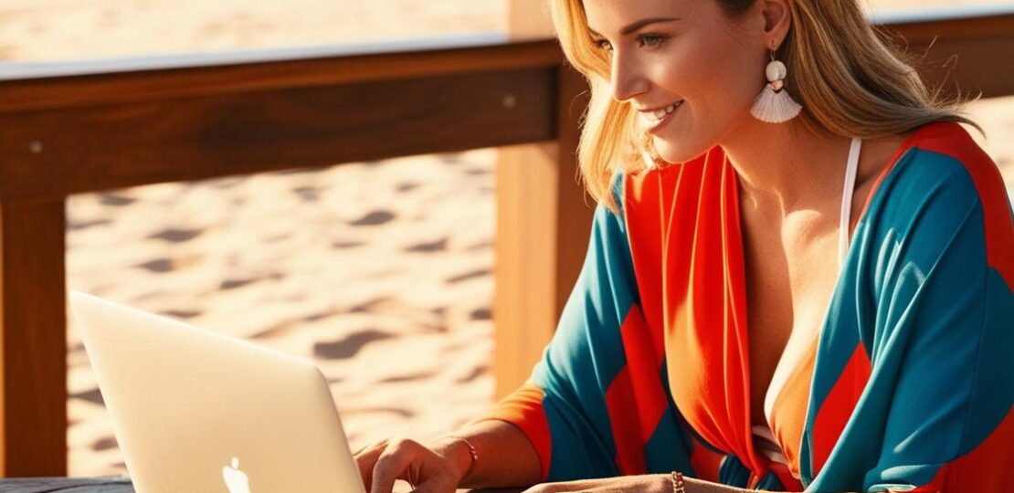 erstelle eine Darstellung zu einer Frau die an einer strandbar mit dem laptop arbeitet